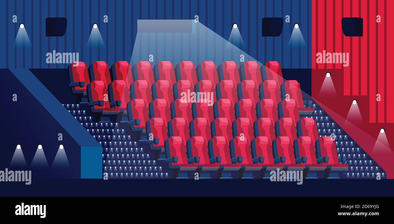 Interno sala cinema. Le poltrone rosse vuote si trovano in un teatro buio. Illustrazione di un cartone piatto vettoriale. Vendita di biglietti per film, concerti o spettacoli. Illustrazione Vettoriale