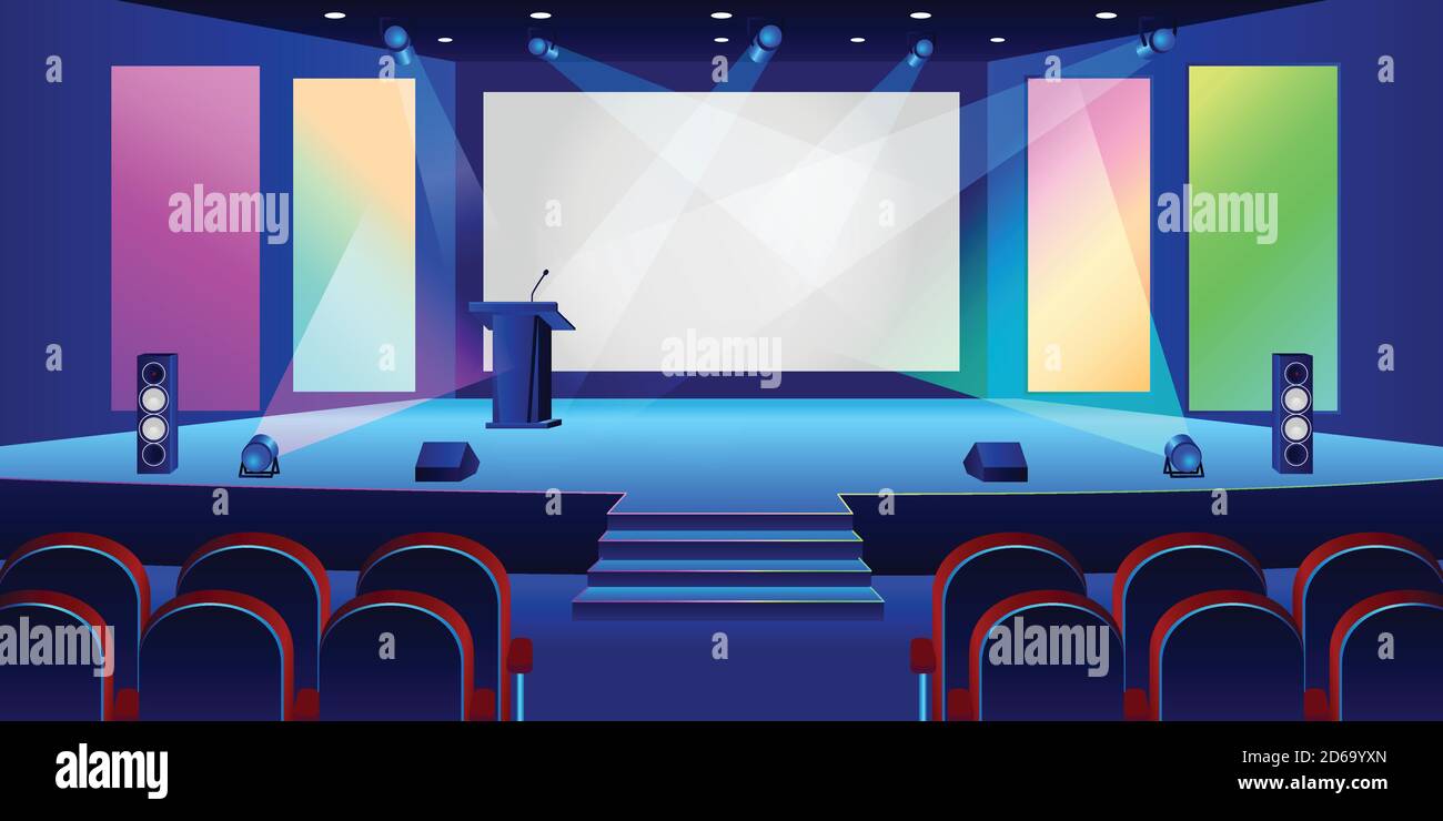 Interno della sala conferenze. Schermo di presentazione bianco vuoto in auditorium scuro. Illustrazione vettoriale. Seminario, formazione aziendale o concetto di intrattenimento Illustrazione Vettoriale