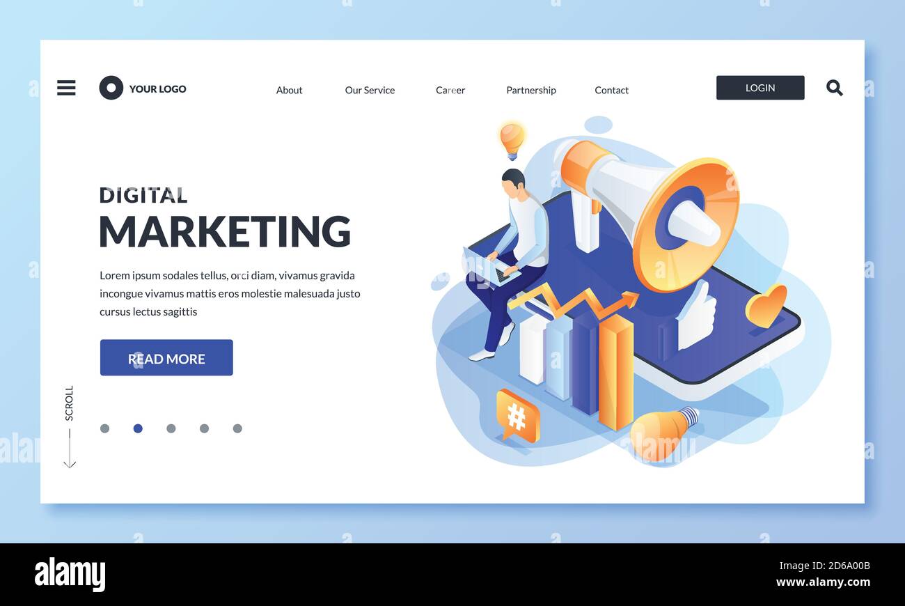 Concetto di tecnologia aziendale per il marketing digitale. Illustrazione isometrica 3d vettoriale. Strategia di pubblicità sui siti web e sui social media. Pagina di destinazione Web, bann Illustrazione Vettoriale