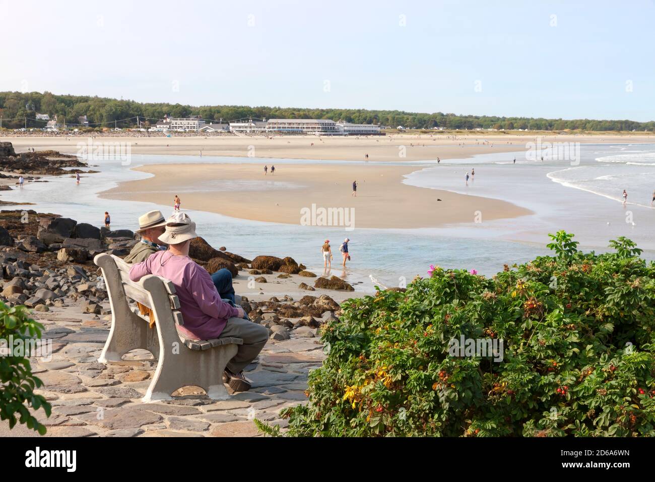 Uomini seduti e parlando su una panchina che si affaccia sulla spiaggia lungo la via marginale a Ogunquit, Maine, Stati Uniti. Foto Stock