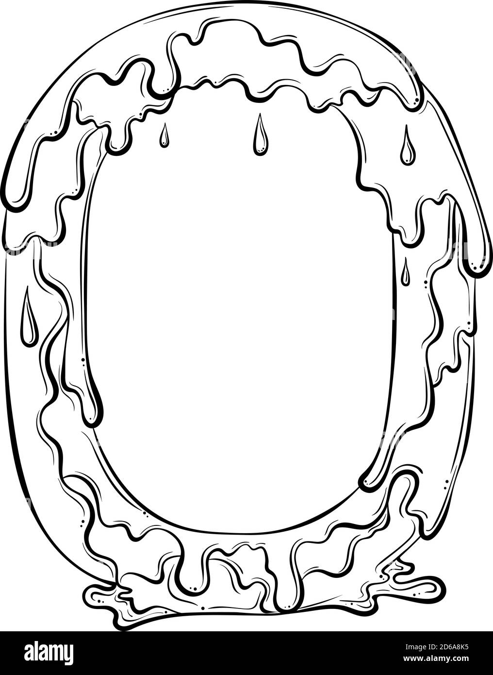 Lettera o con gocce di flusso e schizzi di goo. Simbolo di gocciolamento del liquido. Font vettoriale trendy realizzato in stile grafico a linee disegnate a mano isolato su sfondo bianco. Logo Slime o lettera iniziale. Illustrazione Vettoriale