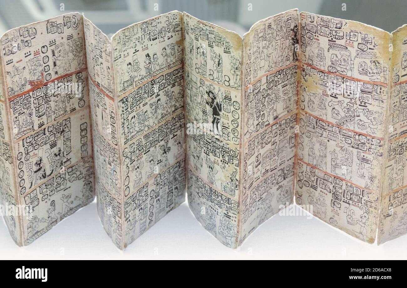 Dettaglio di un facsimile del Codice Maya del XIV secolo Cortesianus, conosciuto anche come il Codice di Madrid o il Codice di Troano in mostra al museo di El M. Foto Stock