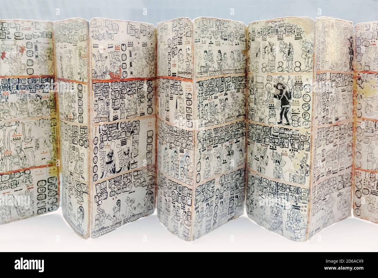 Dettaglio di un facsimile del Codice Maya del XIV secolo Cortesianus, conosciuto anche come il Codice di Madrid o il Codice di Troano in mostra al museo di El M. Foto Stock