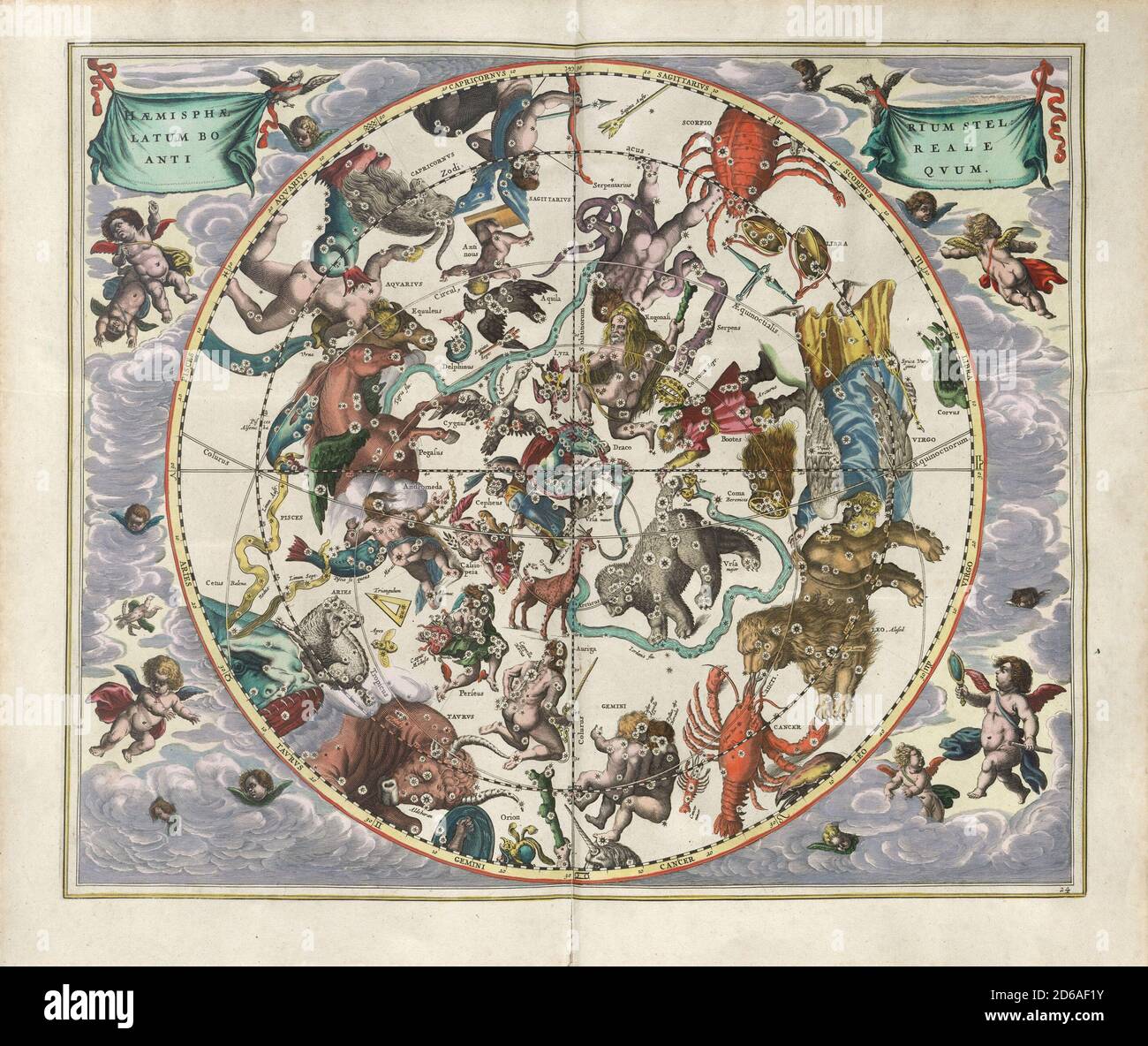 Titolo: L'emisfero stellare settentrionale dell'antichità. Incisione da Harmonia Macrocosmica Creatore: Andreas Cellarius Data: c. 17th Medium: Incisione colorata a mano luogo: La British Library Foto Stock