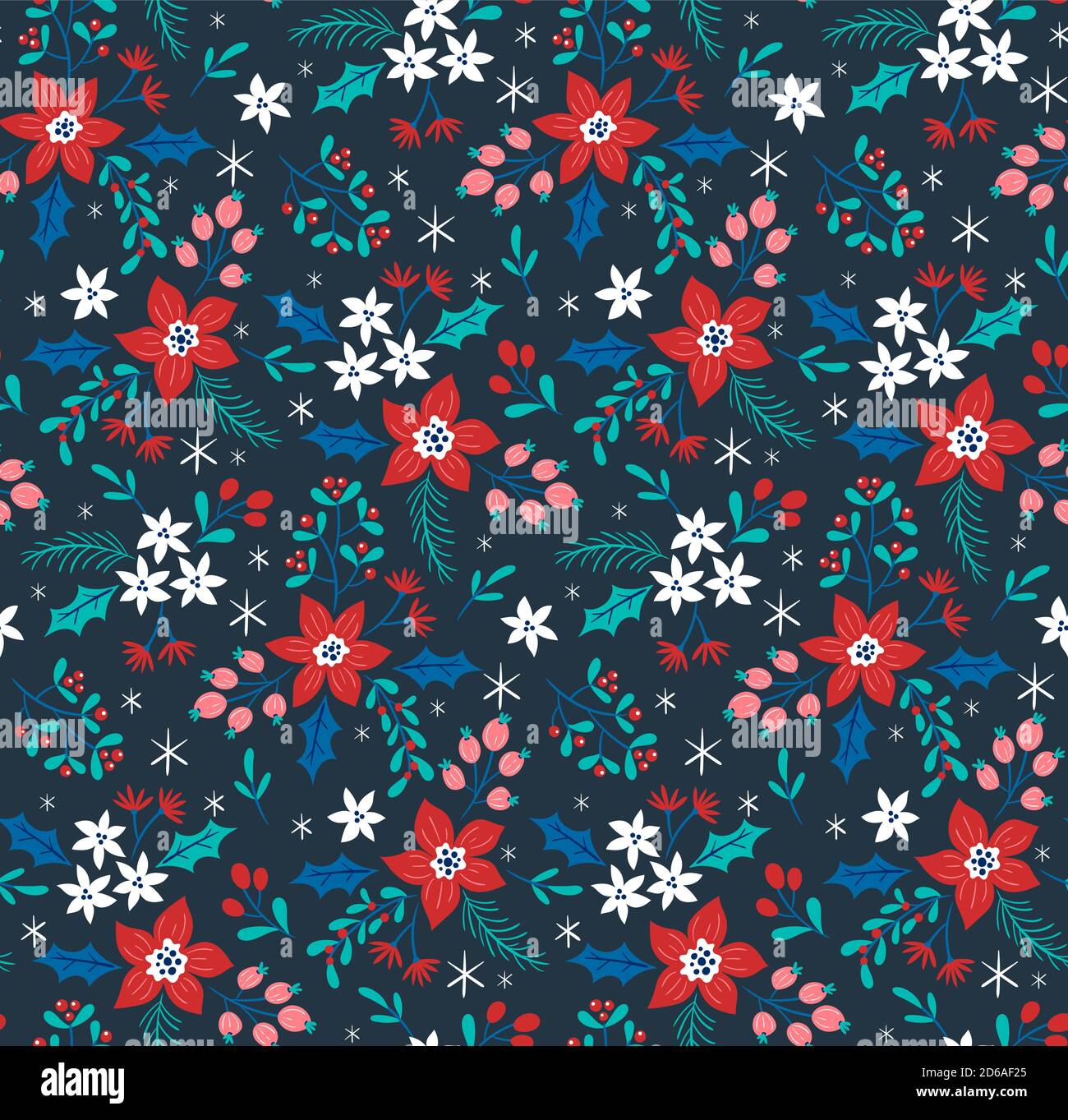 Natale senza giunture con fiori invernali e fiocchi di neve. Sfondo blu scuro. Illustrazione vettoriale EPS 10. Illustrazione Vettoriale