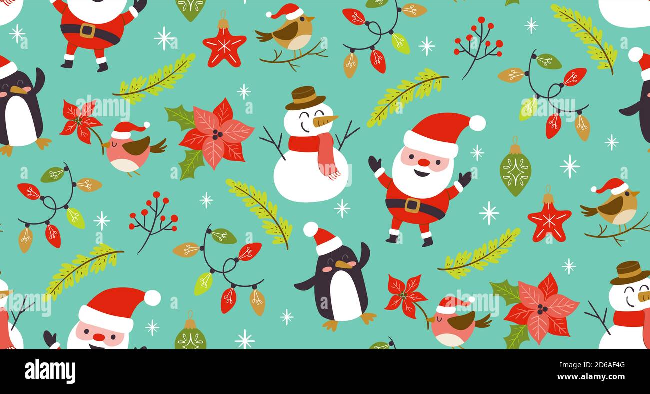 Natale modello senza giunture con carino natale caratteri e piante. Sfondo turchese. Illustrazione vettoriale EPS 10. Illustrazione Vettoriale