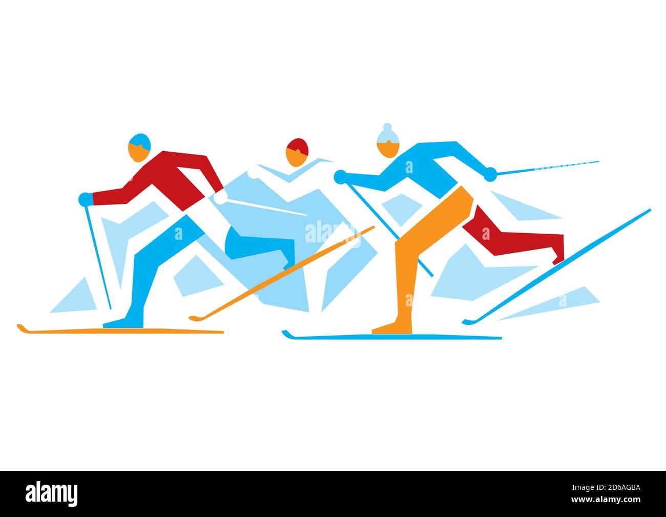 Sci di fondo. Un disegno stilizzato di tre concorrenti dello sci di fondo. Vettore disponibile. Illustrazione Vettoriale