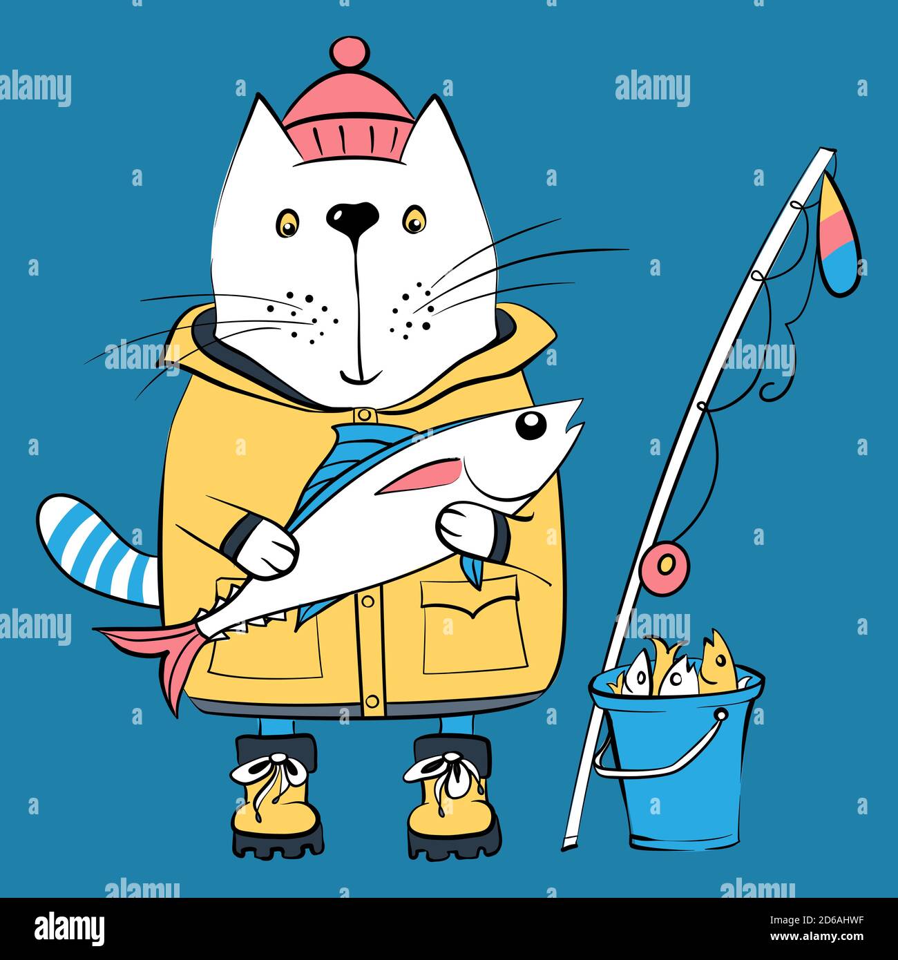 Vettore cartone animato gatto pescatore, ardente pescatore, in abiti da pesca tradizionale con un grande pesce, canna da pesca e secchio con la sua cattura Illustrazione Vettoriale