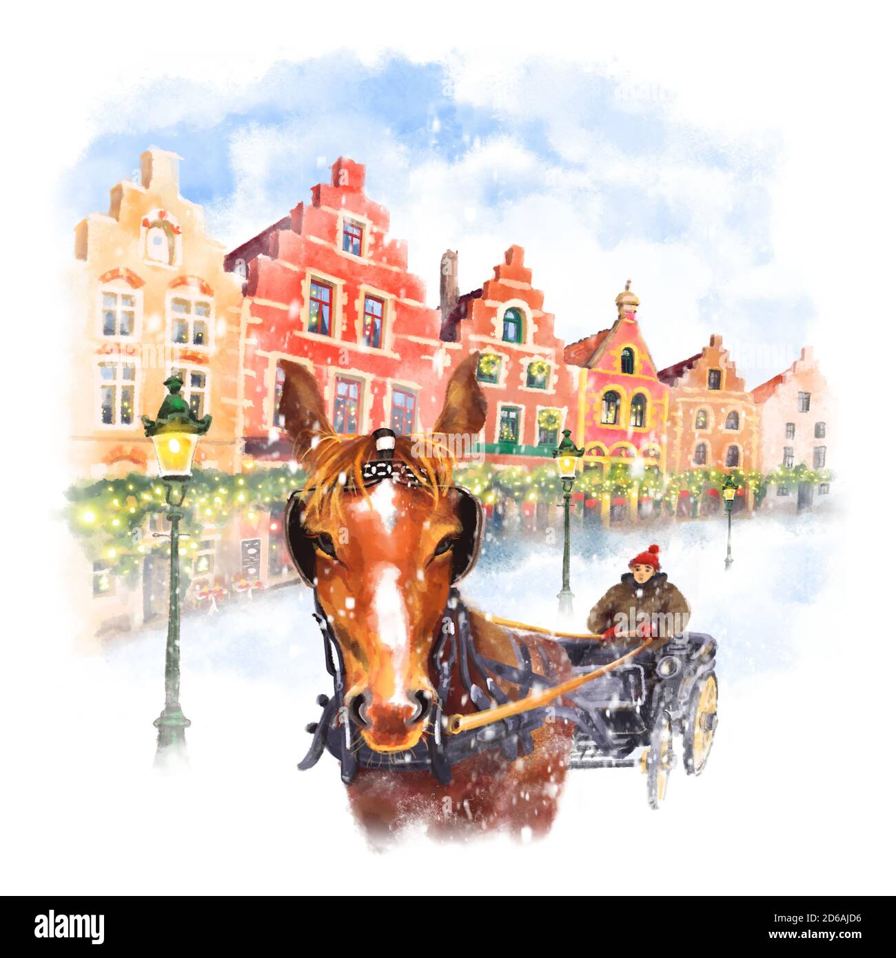 Carrozza a cavallo in piazza Christmas Markt a Brugge, Belgio. Disegno digitale come acquerello Foto Stock