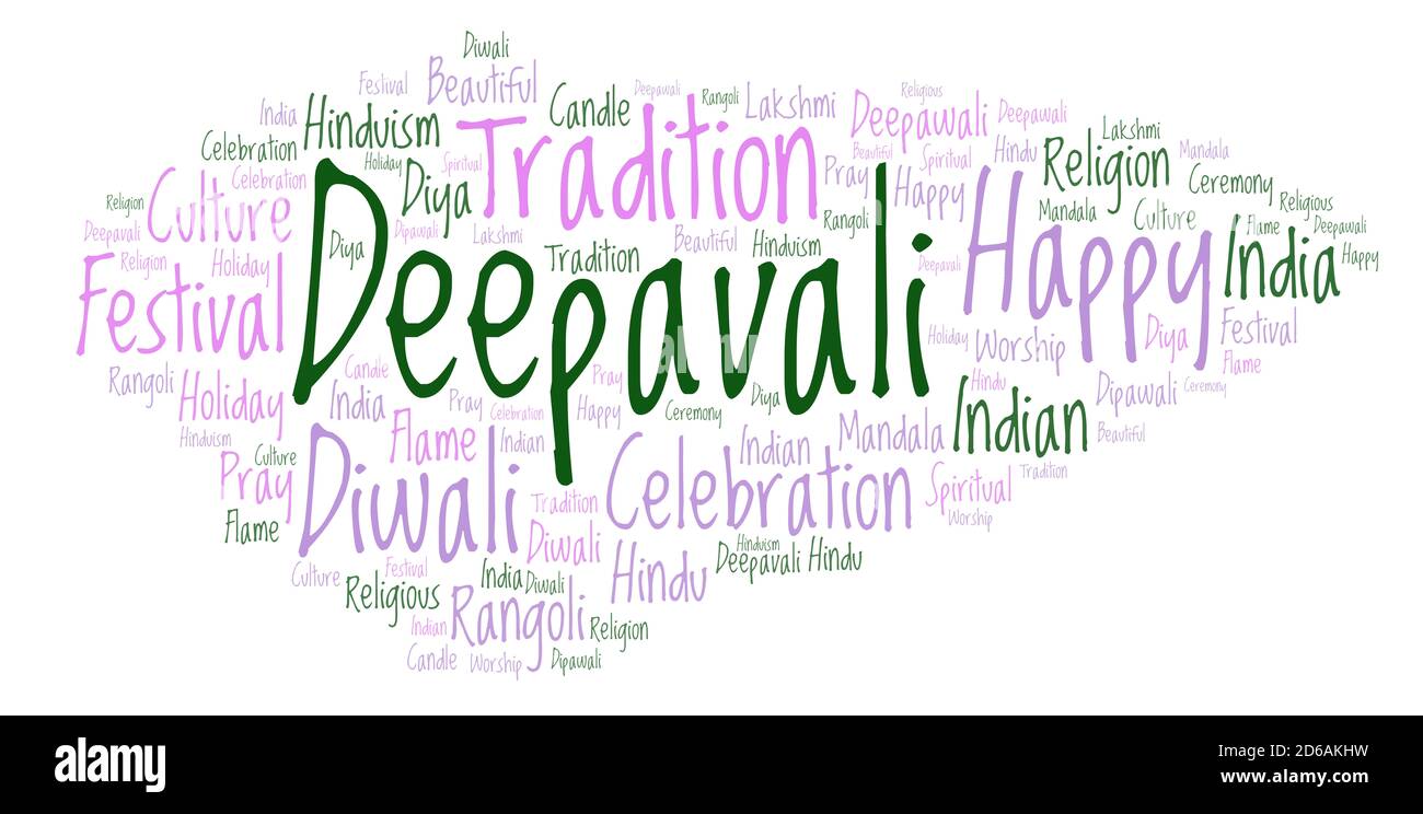 Nuvola di parole Deepavali. Wordcloud fatto solo da lettere e parole. Foto Stock