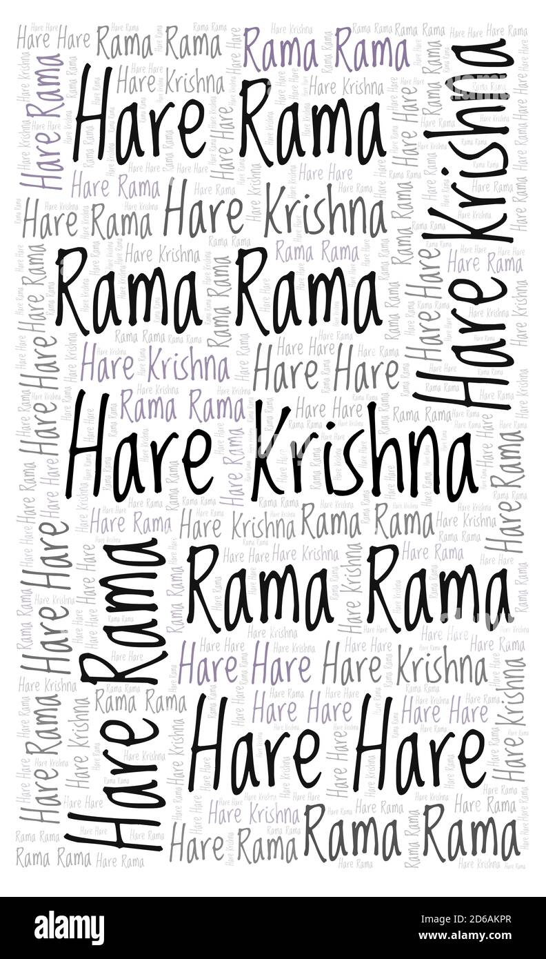 Nuvola di parole di Hare Krishna. Wordcloud fatto solo da lettere e parole. Foto Stock