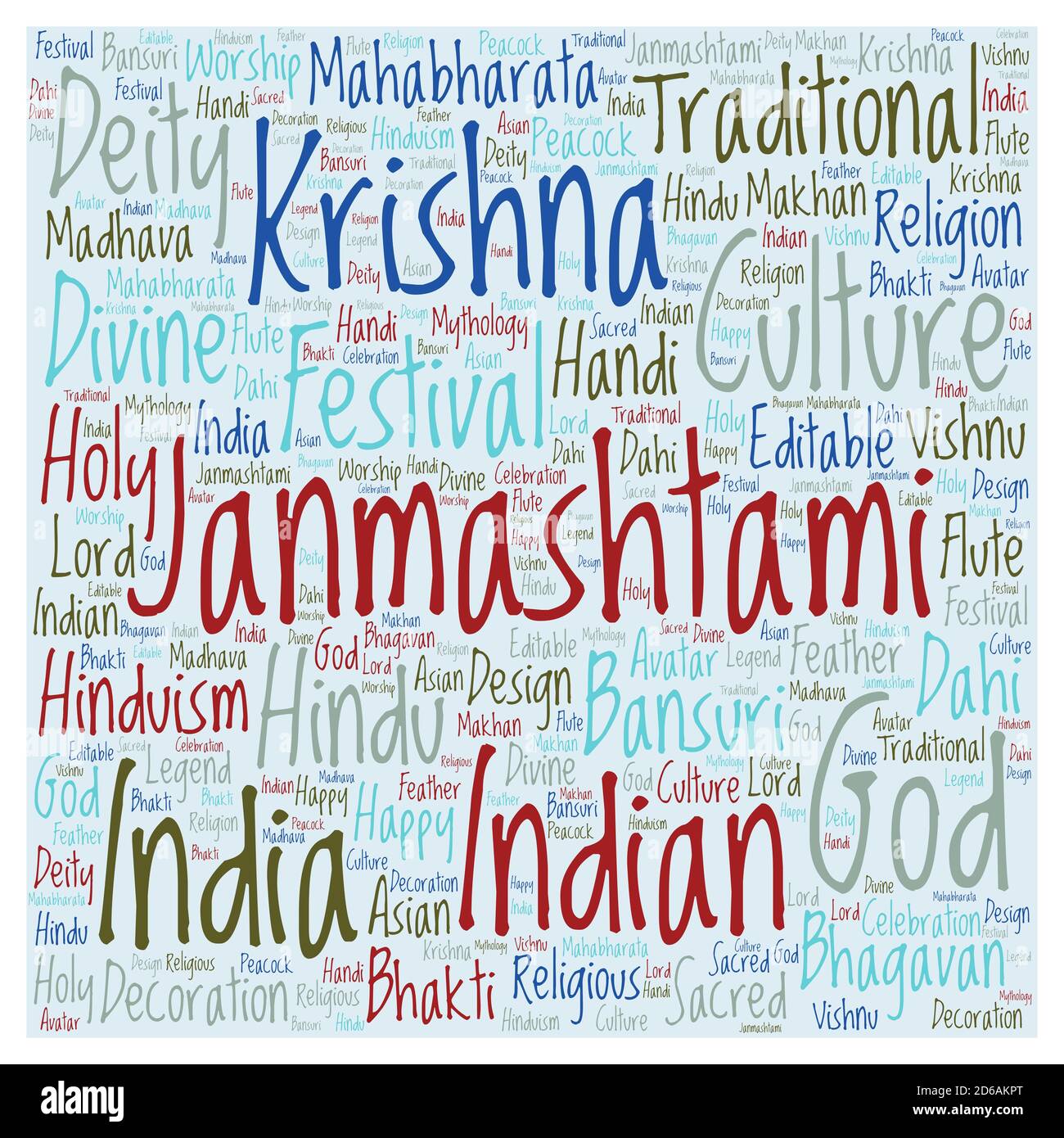 Parola nuvola di Janmashtami. Wordcloud fatto solo da lettere e parole. Foto Stock