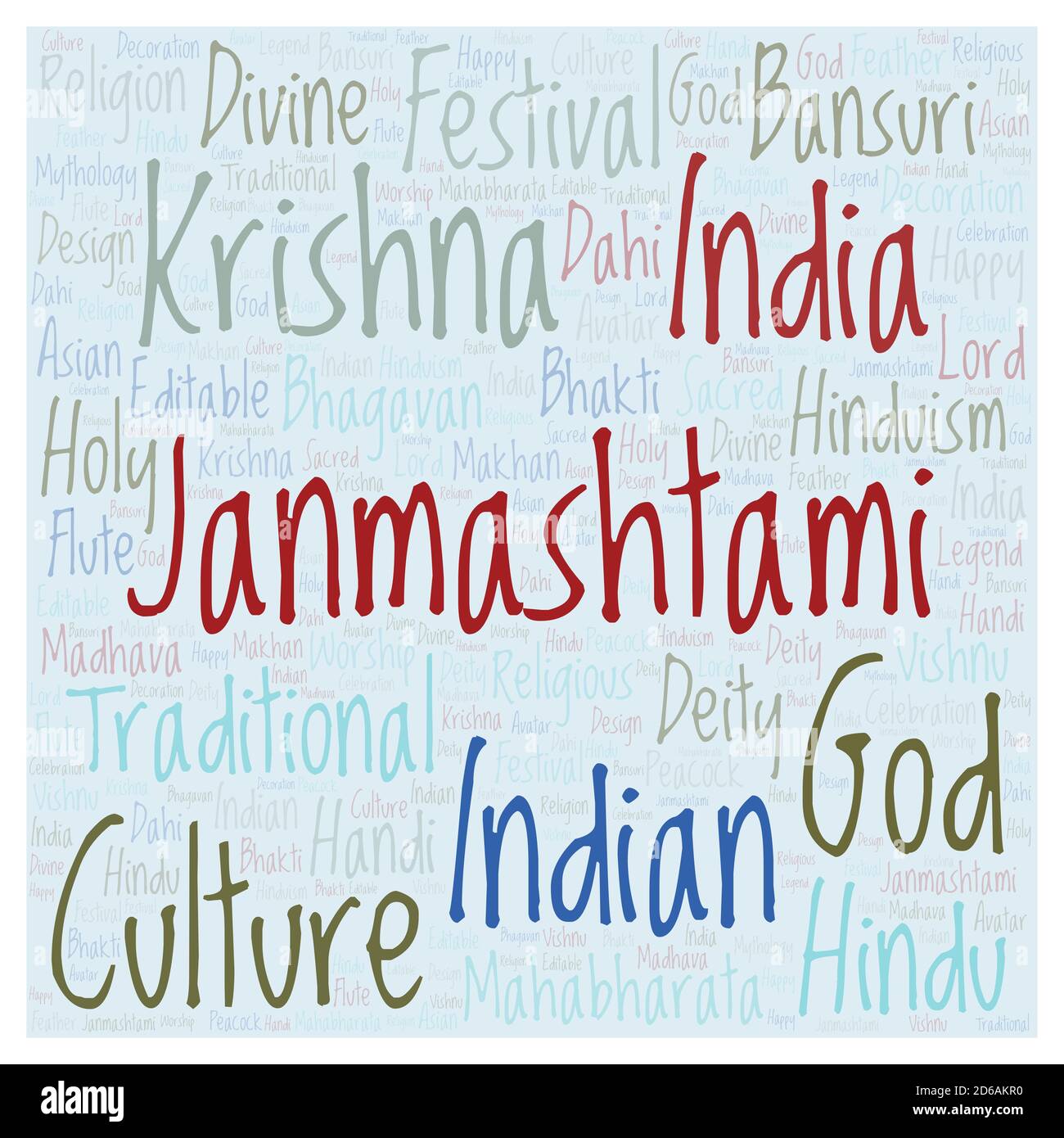 Parola nuvola di Janmashtami. Wordcloud fatto solo da lettere e parole. Foto Stock