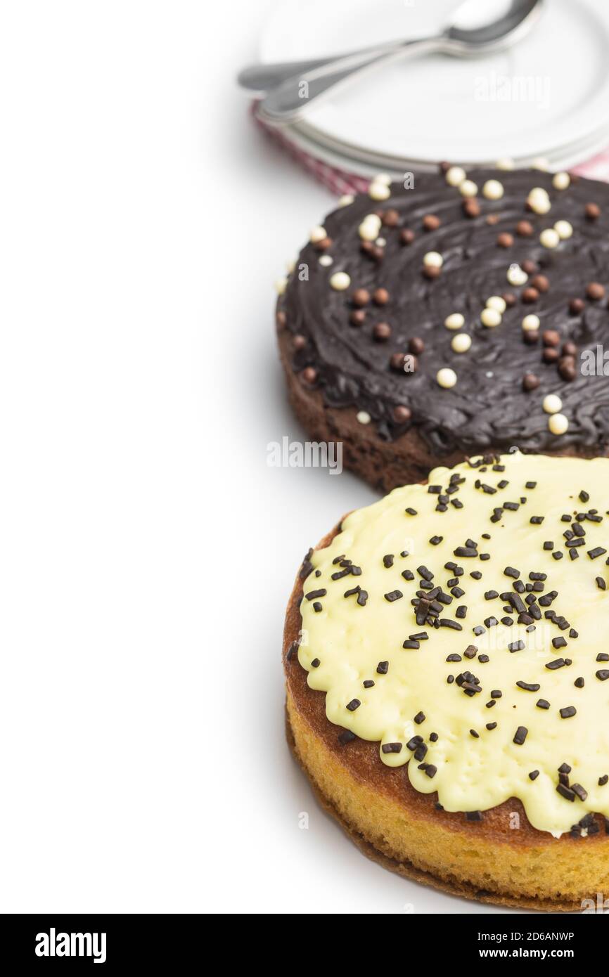 Dolce limone e torta al cioccolato isolato su sfondo bianco. Foto Stock