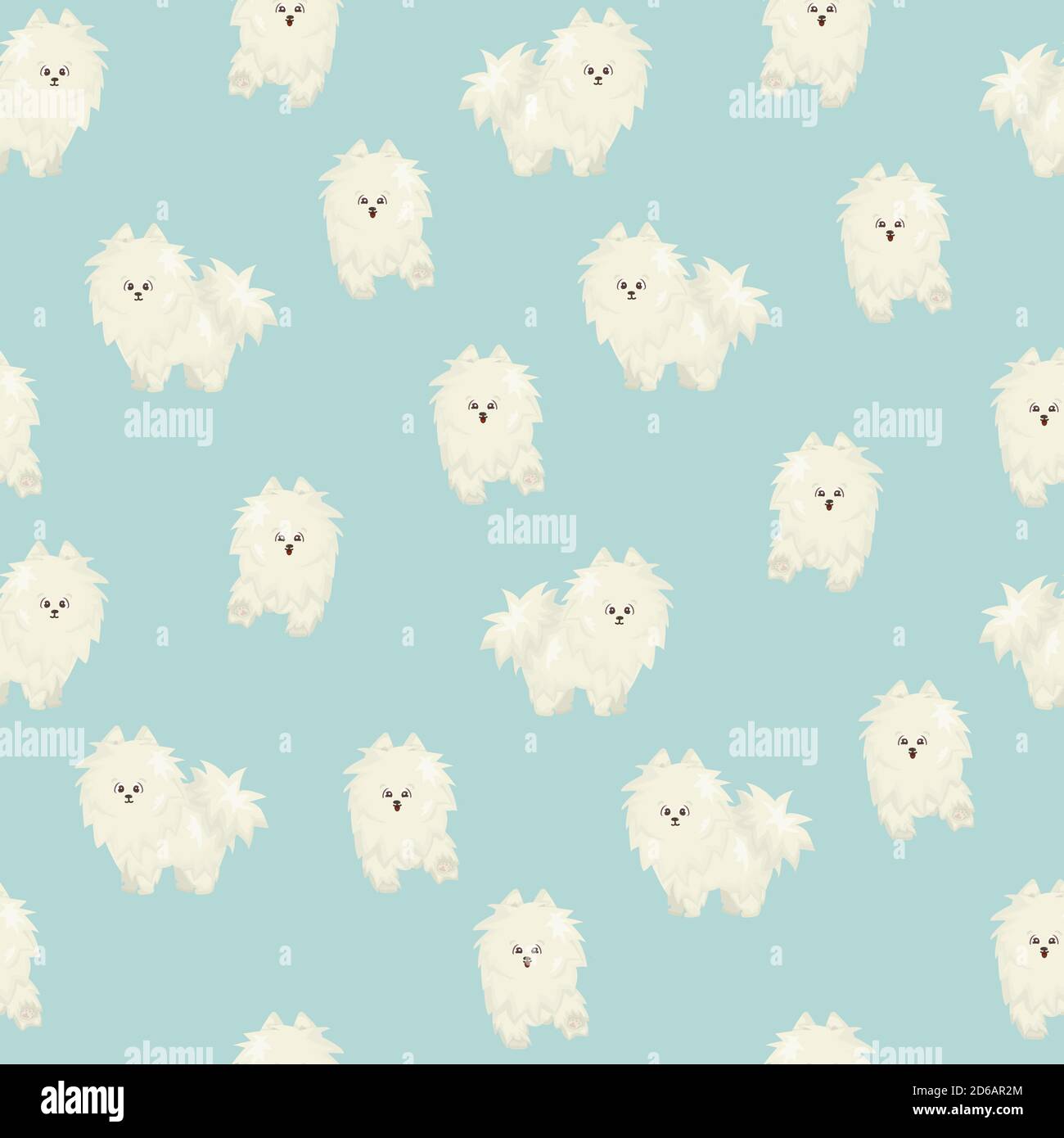 Bianco soffice carino cartone animato cane felice su sfondo blu senza cuciture modello Illustrazione Vettoriale