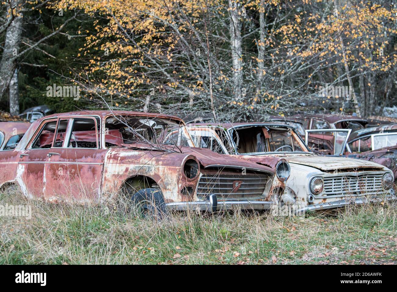 Cimitero auto durante l'autunno in Svezia Foto Stock
