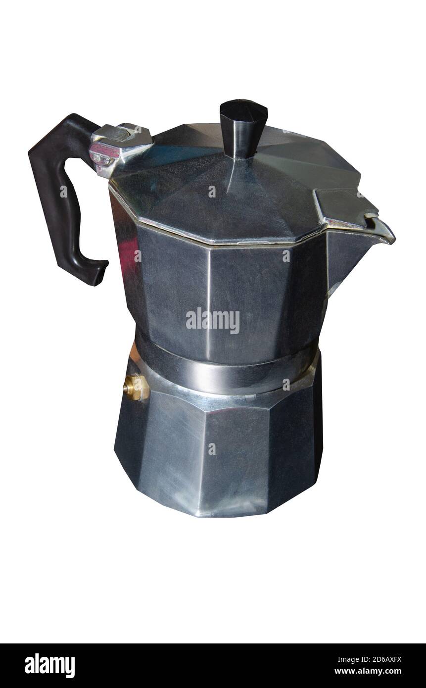 macchina da caffè italiana moka pot isolata su bianco Foto Stock