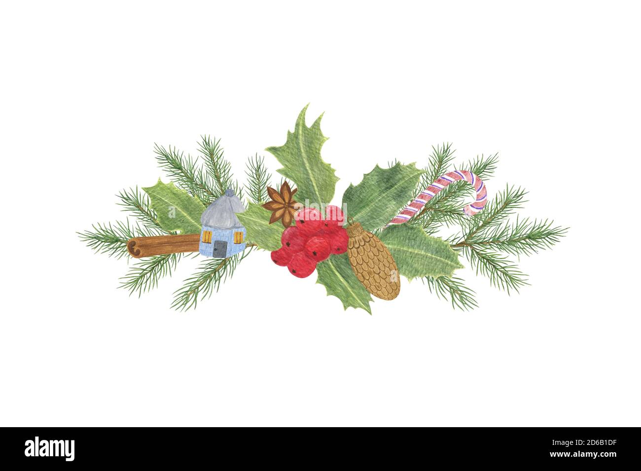 Vacanze di Natale composizione tradizionale abete rami albero, pianta agile, albero di Natale decorazione, canna caramella, cannella bastoni riunione di famiglia simbolo di celebrazione, umore di festa semplice disposizione Foto Stock