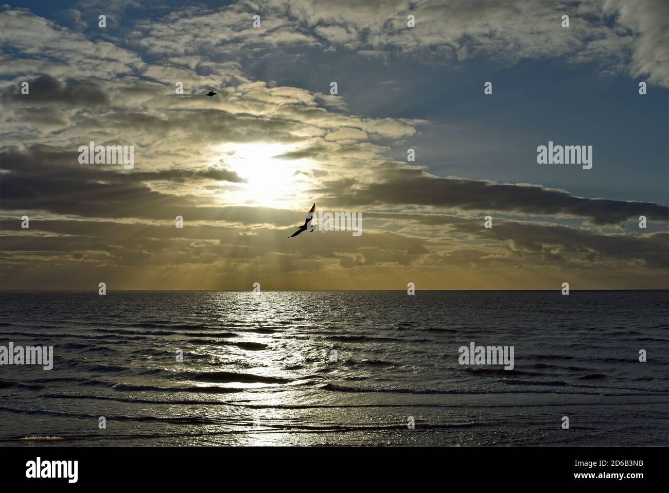 Tramonto sul Mare d'Irlanda come illustrato dalla Blackpool Promenade nel Lancashire, Inghilterra. Due gabbiani possono essere visti volare oltre il sole che tramonta. Foto Stock