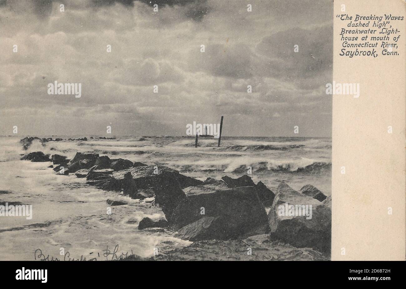 Vecchia immagine del faro di Breakwater 'The Breaking Waves tratted High' alla foce del fiume Connecticut, Saybrook, Connecticut Foto Stock