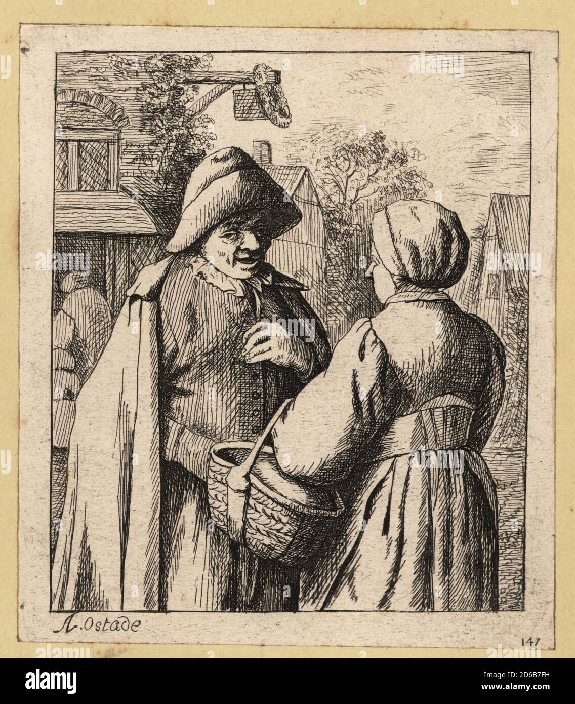 17 ° secolo olandese uomo e donna che parla in una strada di villaggio. L'uomo indossa un cappello e un cappotto, la donna porta un cesto di paglia. Incisione su copperplate di David Deuchar dopo un originale di Adriaen van Ostade da una collezione di Etchings dopo i più eminenti Maestri delle Scuole Olandese e Fiamminga, Edimburgo, 1803. Foto Stock