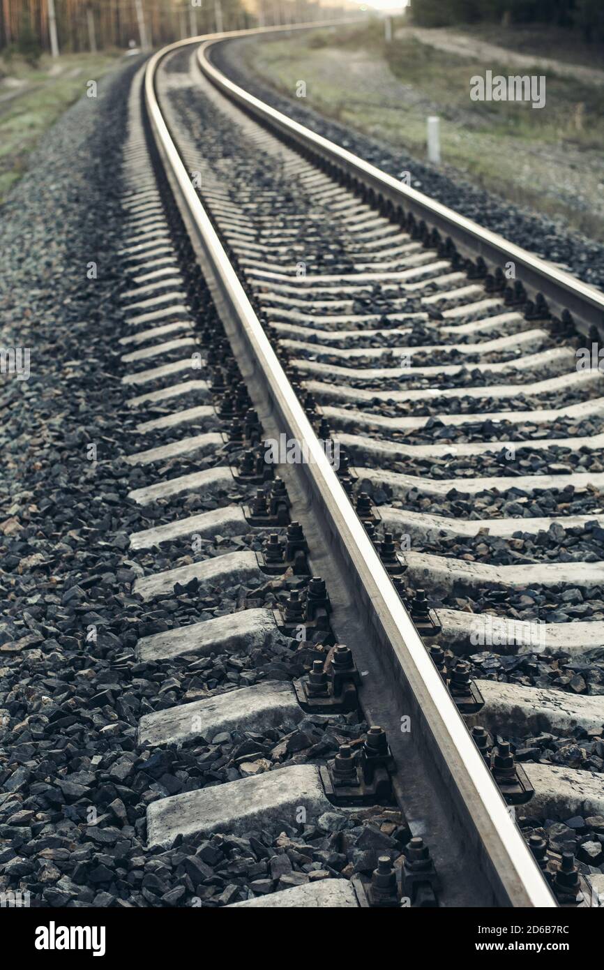 La ferrovia va in lontananza. Foresta. Pietre. Foto Stock