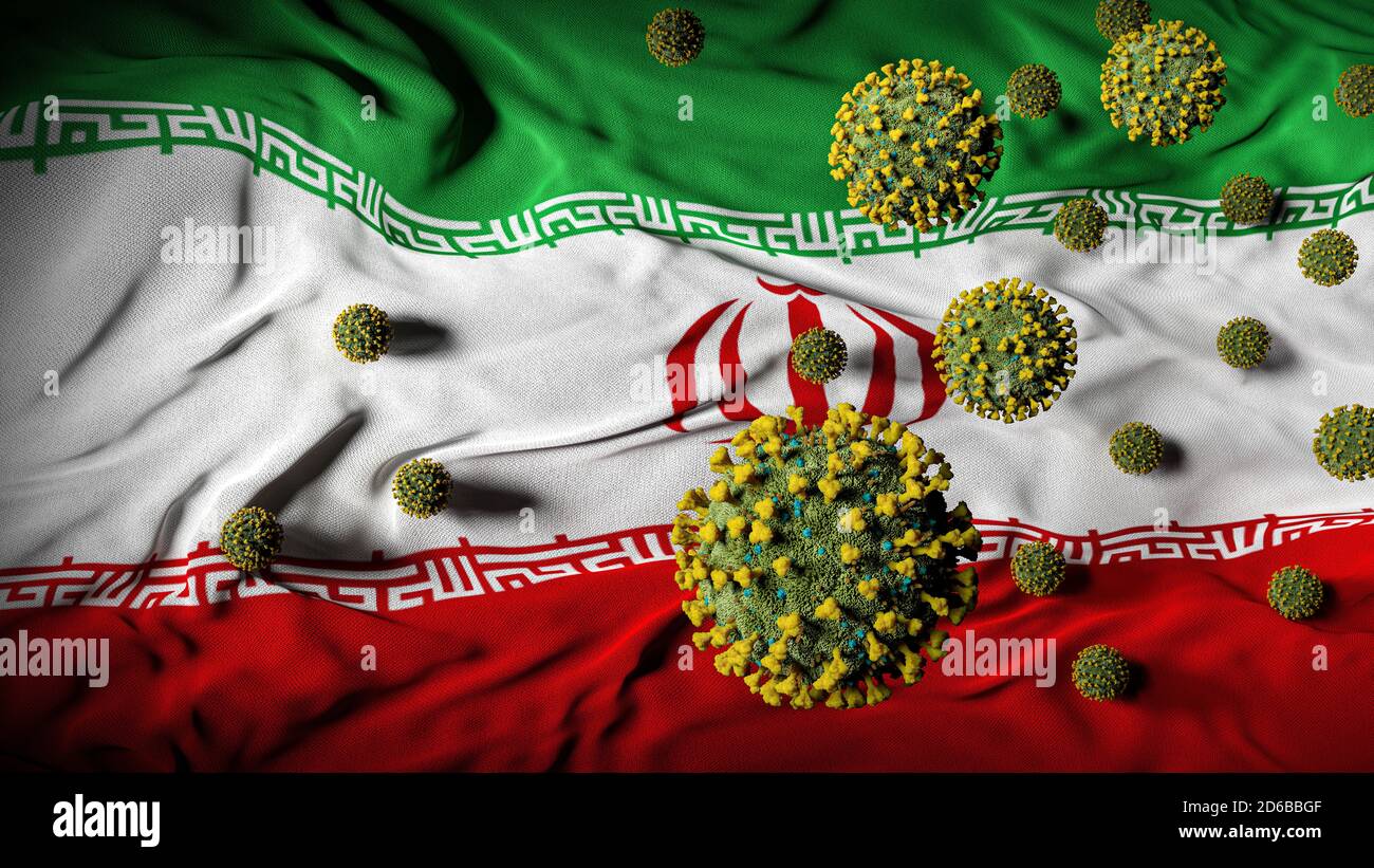 COVID-19 molecole di Coronavirus sulla bandiera iraniana - crisi di salute con Aumento dei casi COVID - Iran Virus Pandemic casualità astratto Sfondo - Avvertenza Foto Stock