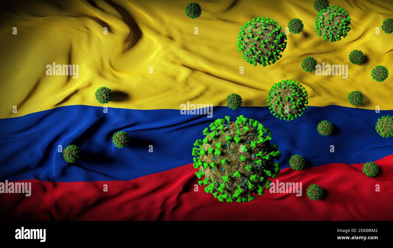 COVID-19 molecole di Coronavirus sulla bandiera colombiana - crisi di salute con Aumento dei casi di COVID - Colombia Virus Pandemic casualità astratto Sfondo Foto Stock