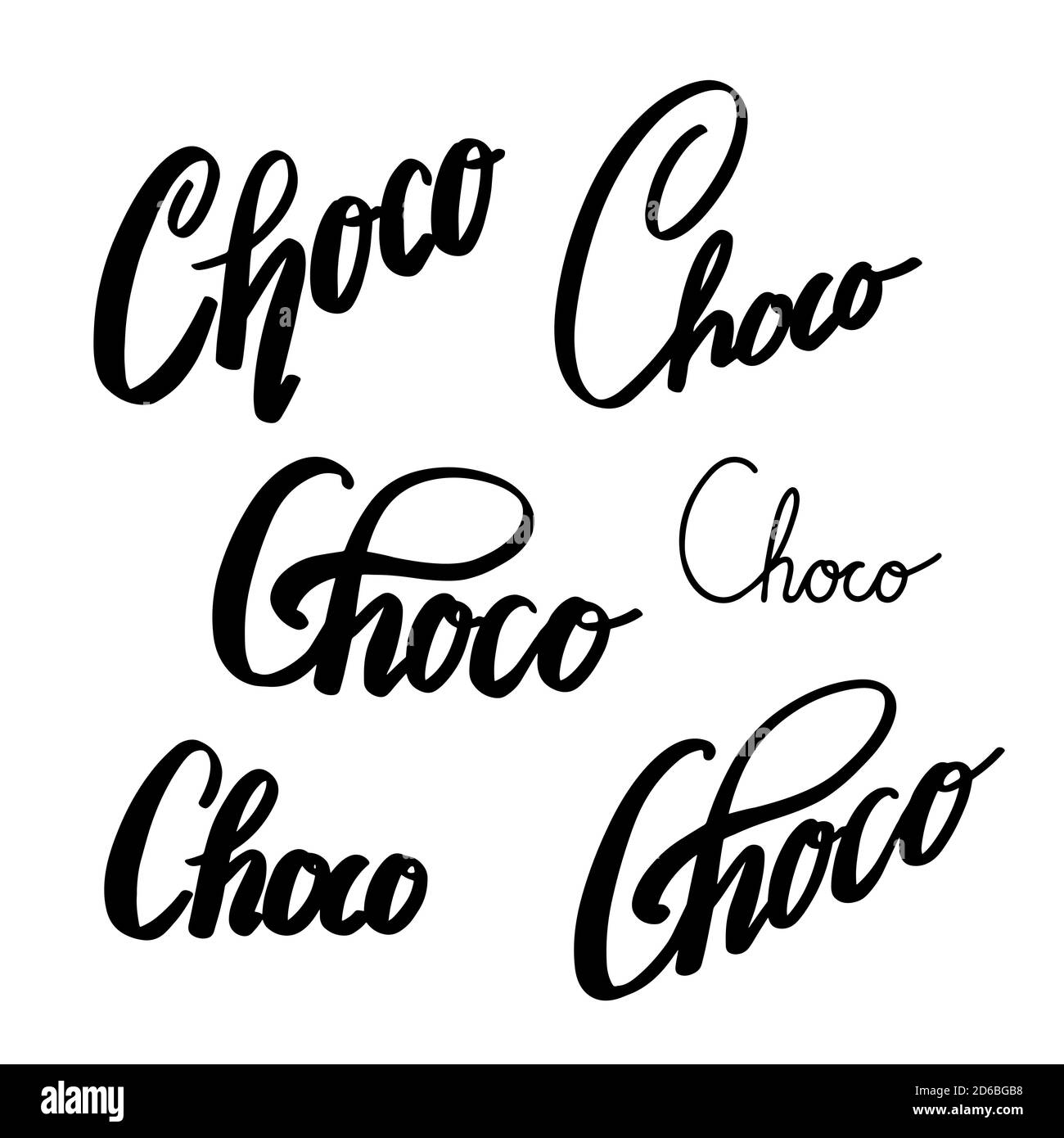 Set di scritte Choco. Calligrafia pennello. Iscrizione al cioccolato. L'oggetto è separato dallo sfondo. Elemento di inchiostro vettoriale per logo, icone, badge Illustrazione Vettoriale