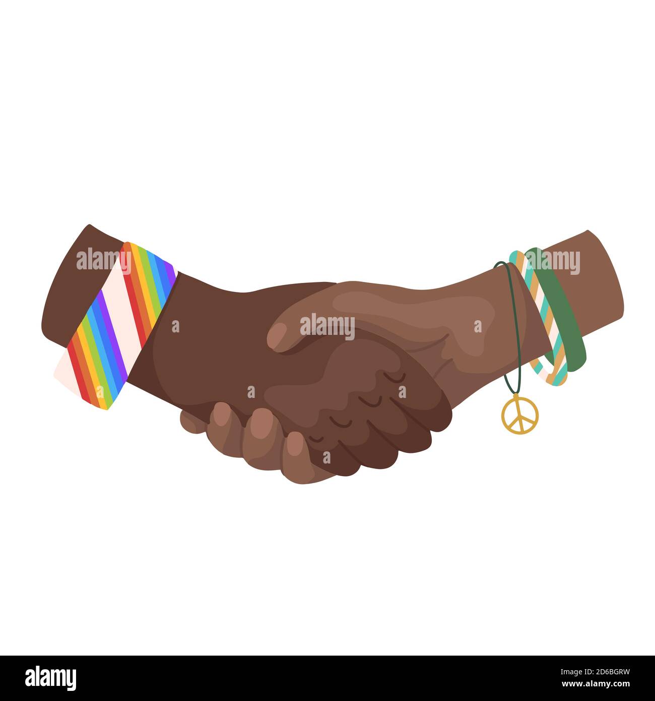 Immagine piatta vettoriale di mani africane agitanti con braccialetti. Giornata Internazionale dell'amicizia. Unità e riconoscimento. Quadro cartoonesco di stile moderno Illustrazione Vettoriale