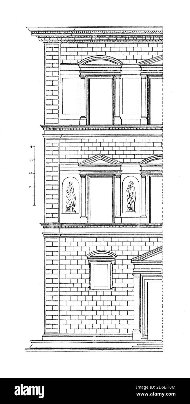 Antica incisione ottocentesca raffigurante la facciata di Palazzo Bartolini a Firenze. Illustrazione pubblicata in forma argleichende Architektonische Foto Stock