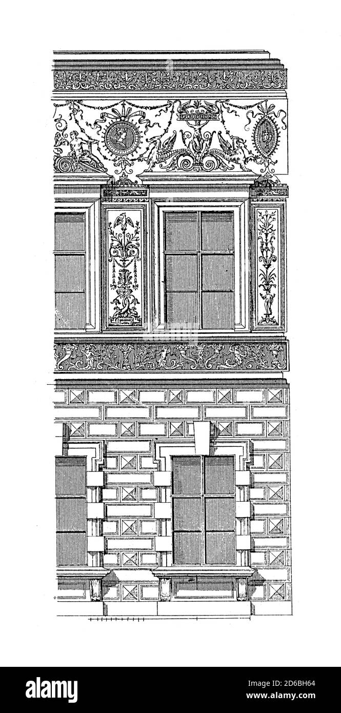Incisione ottocentesca raffigurante la facciata dell'Università di Vienna (1874). Illustrazione pubblicata in vergleichende Architektonische Formenlehre di CA Foto Stock