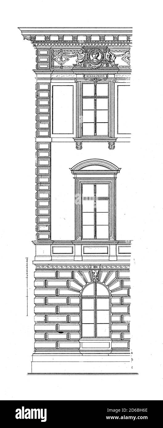 Illustrazione del XIX secolo raffigurante la facciata dell'Istituto di tecnologia di Monaco (1872). Incisione pubblicata in vergleichende Architektonische Formenle Foto Stock