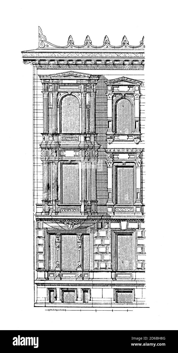 Incisione del XIX secolo di un edificio di appartamenti a Berlino, progettato da Oscar Titz. Illustrazione pubblicata in vergleichende Architektonische Formenlehre b Foto Stock