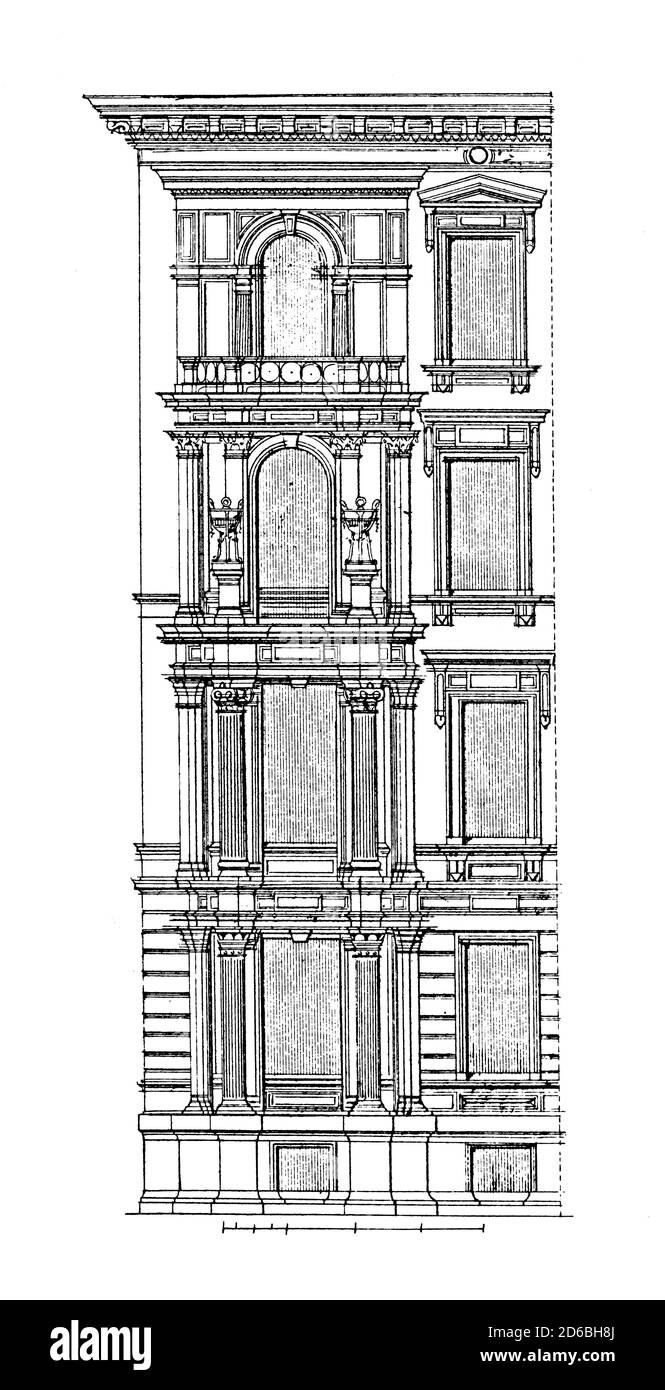 Illustrazione del XIX secolo di un edificio di appartamenti a Berlino, progettato da Oscar Titz. Incisione pubblicata in vergleichende Architektonische Formenlehre b Foto Stock