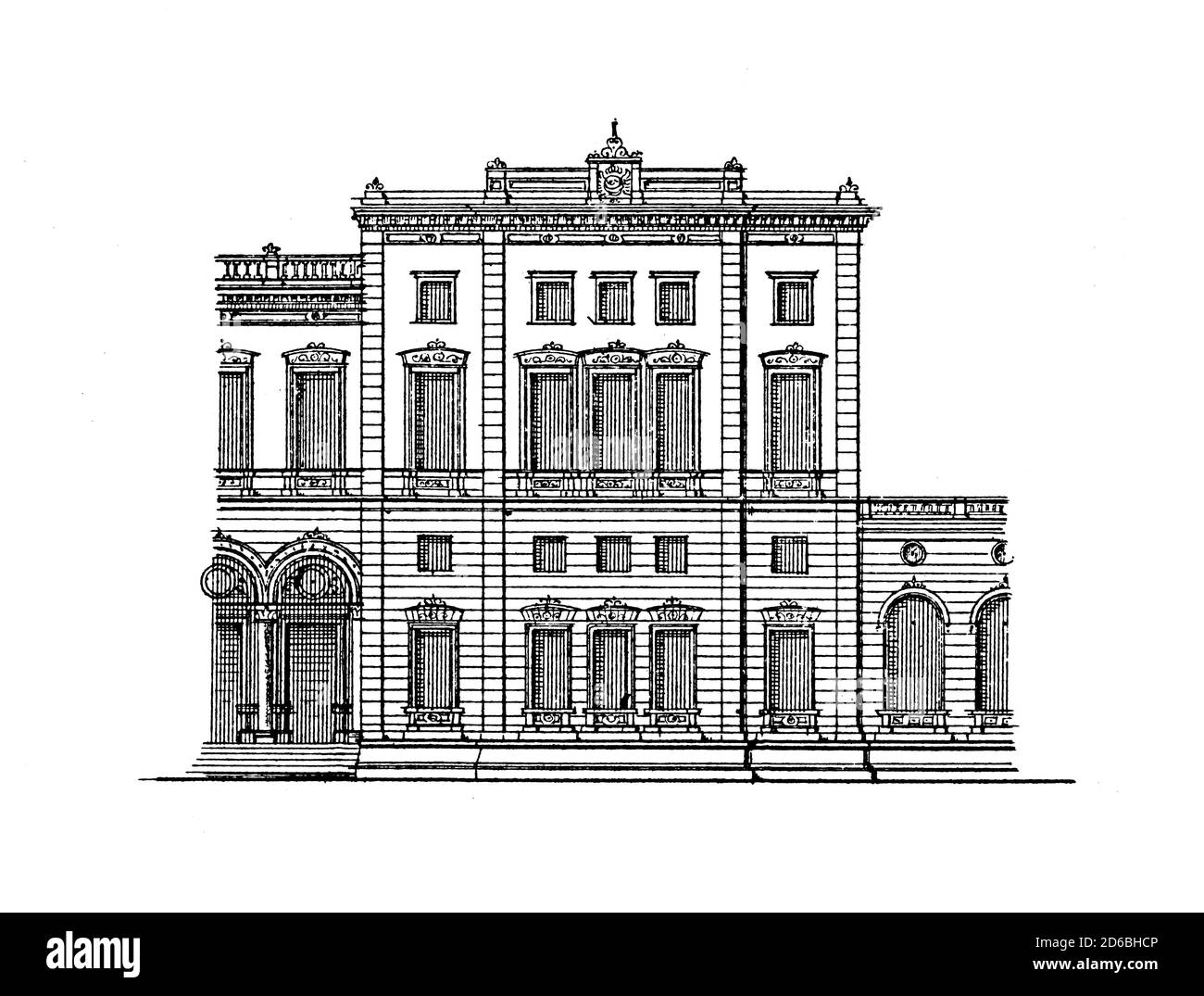 Illustrazione del XIX secolo che raffigura l'edificio della stazione di Wurzburg, progettato da Friedrich Burklein. Incisione pubblicata in argleichende Architekton Foto Stock
