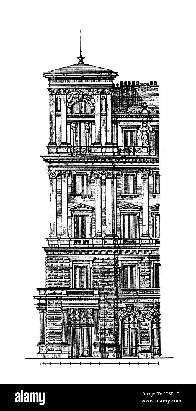 Illustrazione del XIX secolo di un edificio di appartamenti a Vienna, progettato da Theophil Hansen (XIX secolo). Incisione pubblicata in argleichende Architekton Foto Stock