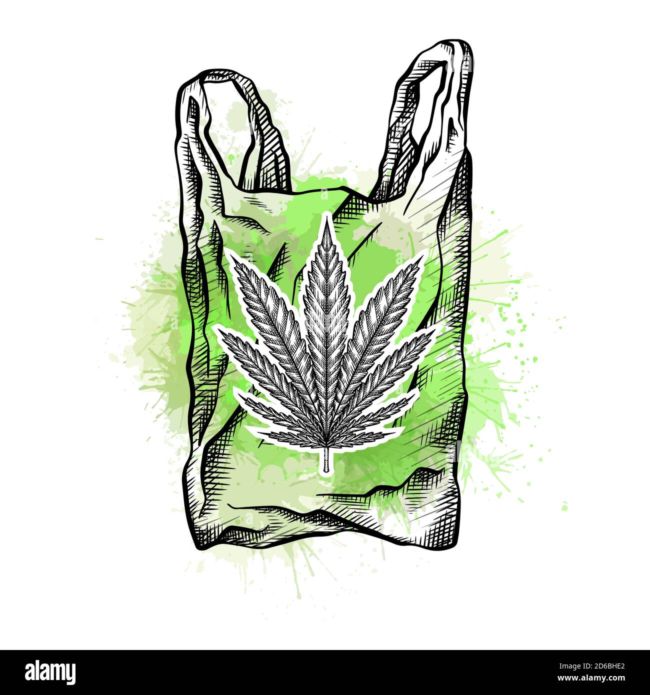 Borsa per la natura con cova, foglia di marijuana e spruzzi di acquerello verde. Borsa ecologica senza sprechi. Rifiuti riciclati. Problema ecologico. Disegno vettoriale Illustrazione Vettoriale