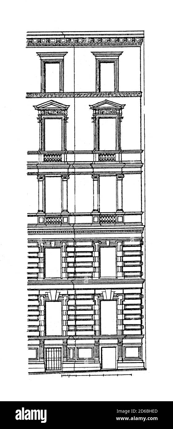 Antica illustrazione dell'edificio di appartamenti a Vienna, progettato da otto Thienemann (XIX secolo). Incisione pubblicata in argleichende Architektonische Foto Stock