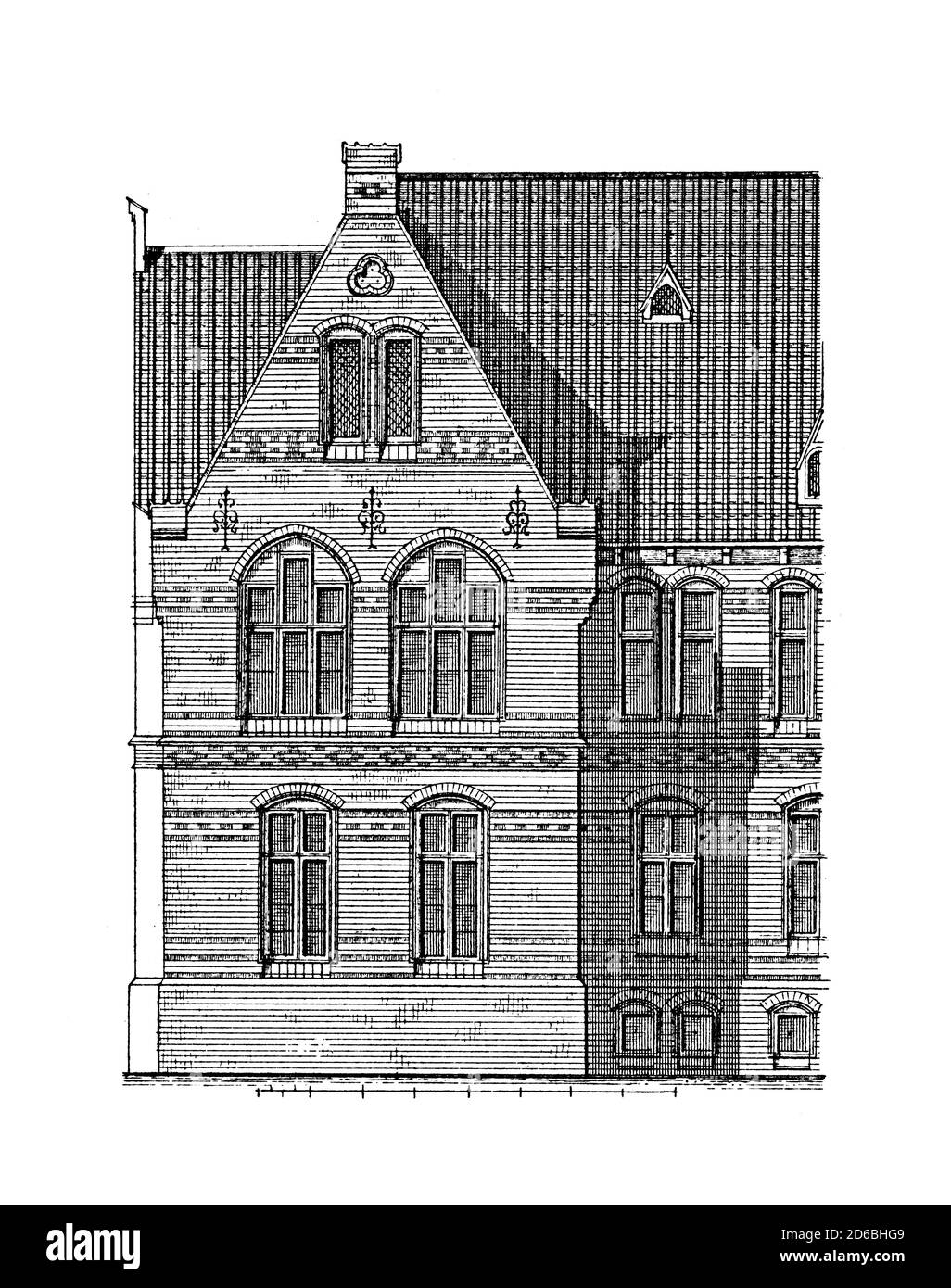 Antica illustrazione del XIX secolo della casa di lavoro a Kiel, Germania (1867). Incisione pubblicata in vergleichende Architektonische Formenlehre di Carl Sho Foto Stock