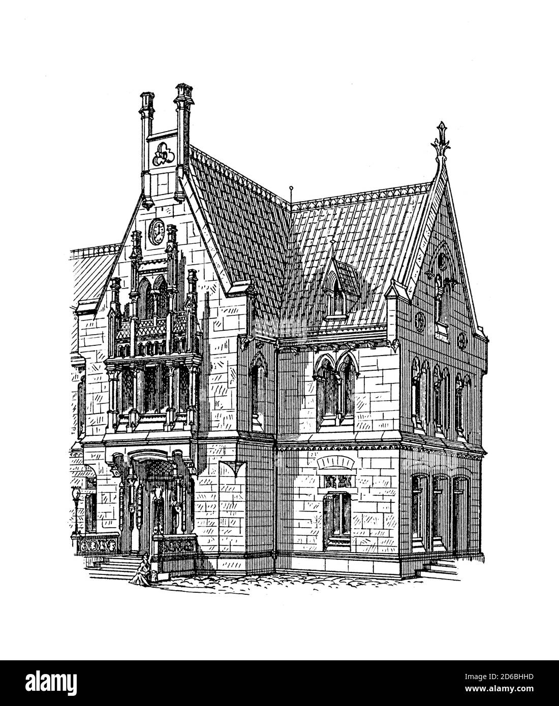 Incisione antica della costruzione di stazioni a Lengerich, Germania, progettata da Franz Ewerbeck (XIX secolo). Illustrazione pubblicata in argleichende Archite Foto Stock