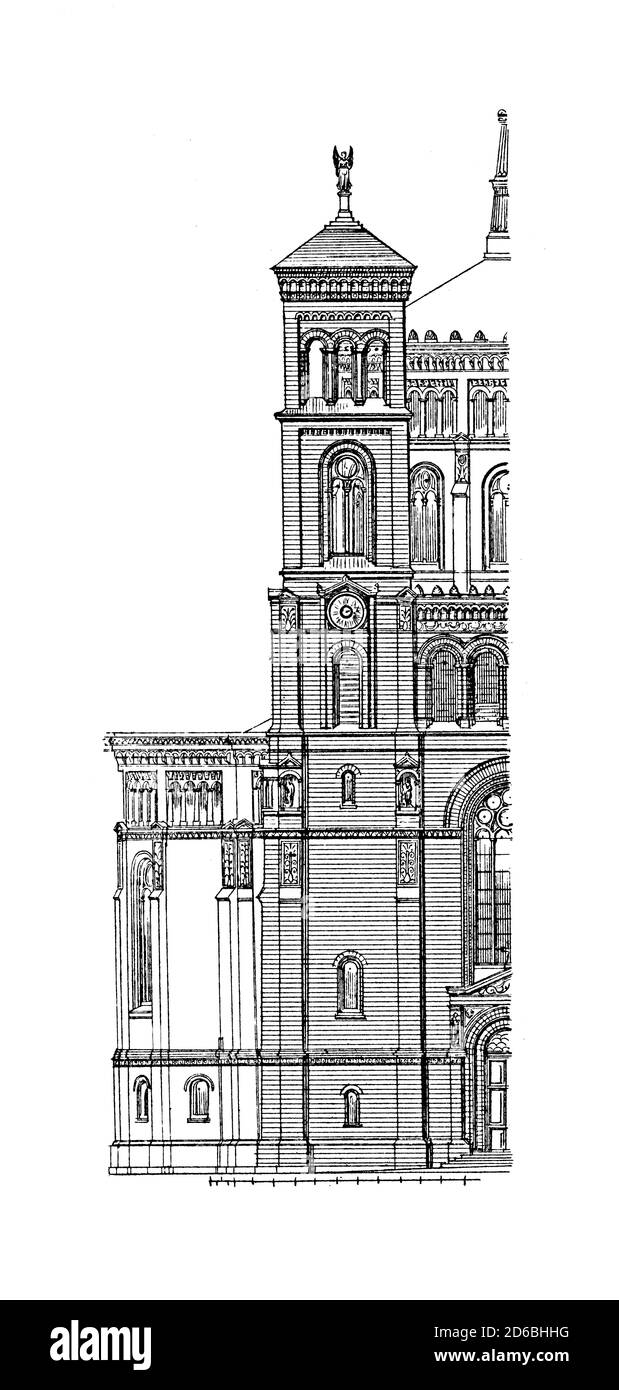 Illustrazione del XIX secolo raffigurante la facciata della chiesa di San Tommaso a Berlino. Friedrich Adler progettò e costruì la chiesa tra il 1865 e il 1869. Motore Foto Stock