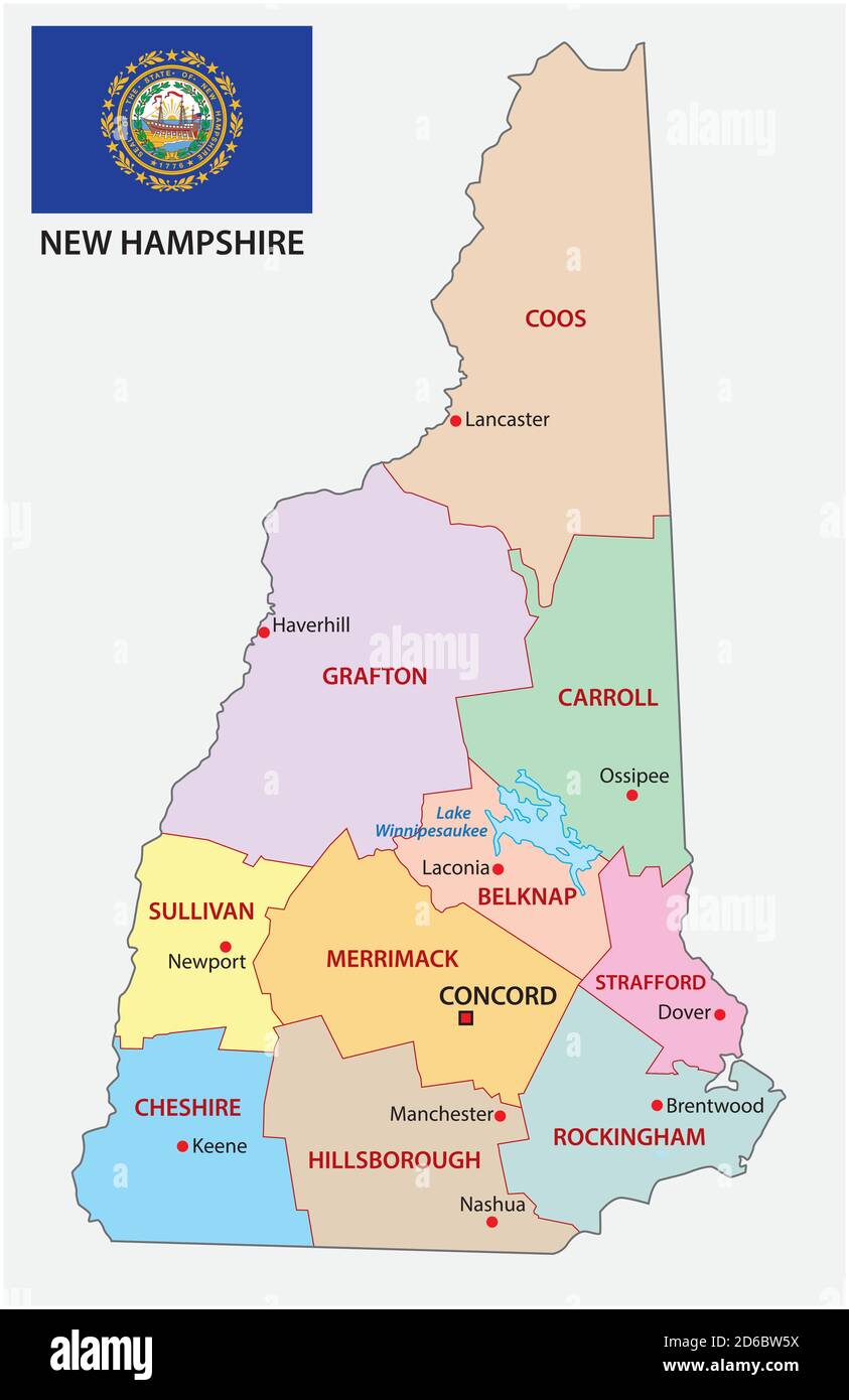 mappa vettoriale amministrativa del new hampshire con flag Illustrazione Vettoriale