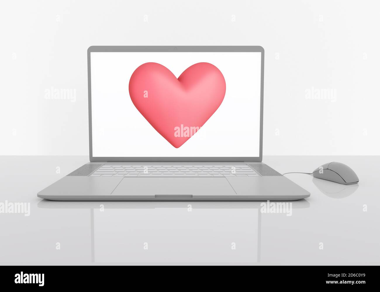 laptop sul tavolo grigio riflettente, monitor con cuore rosso, concetto di incontri d'amore online, amore in lontananza, rendering 3d Foto Stock