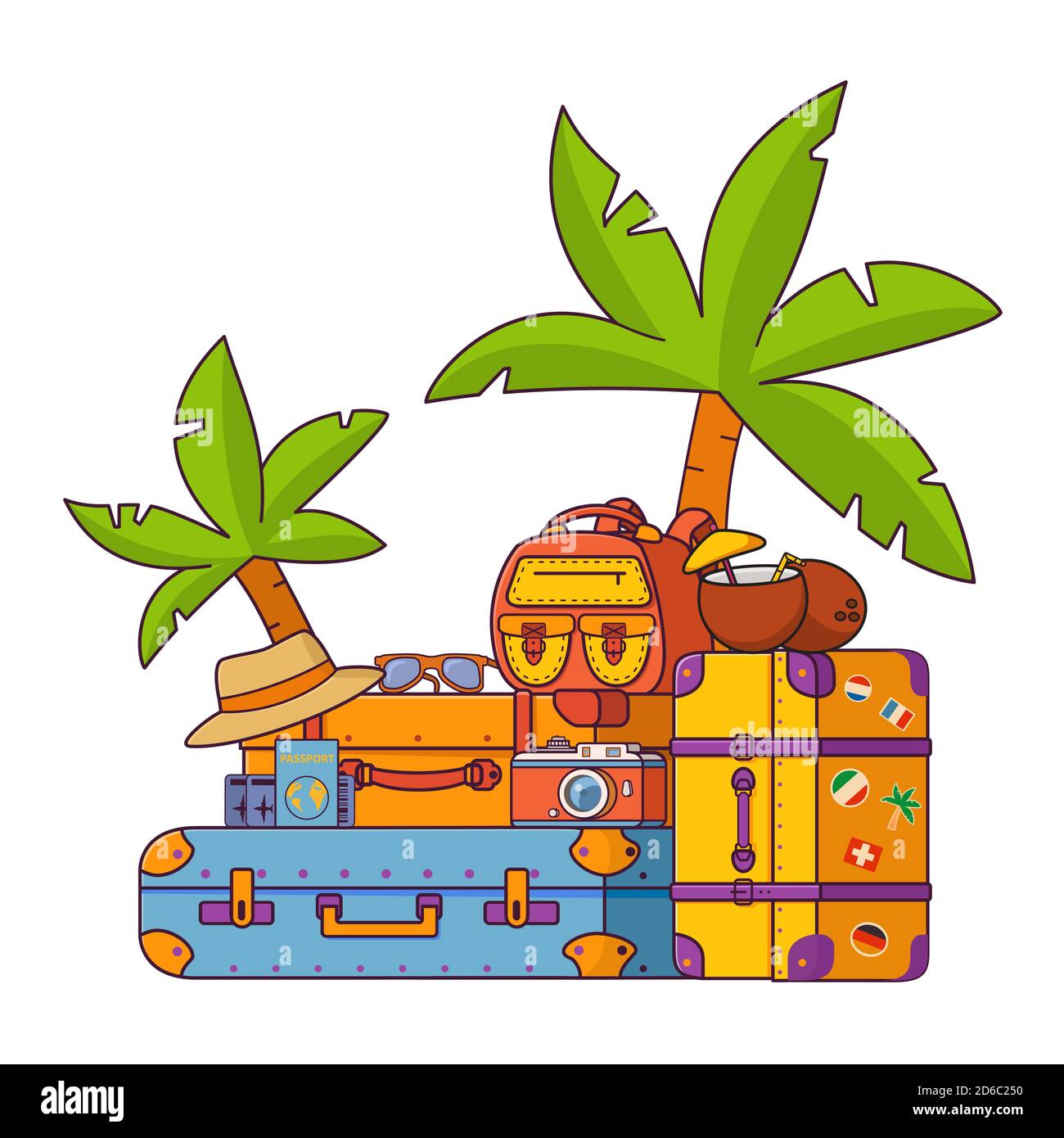 Valigie con palme e zaini. Vacanze estive in un resort tropicale. Illustrazione Vettoriale