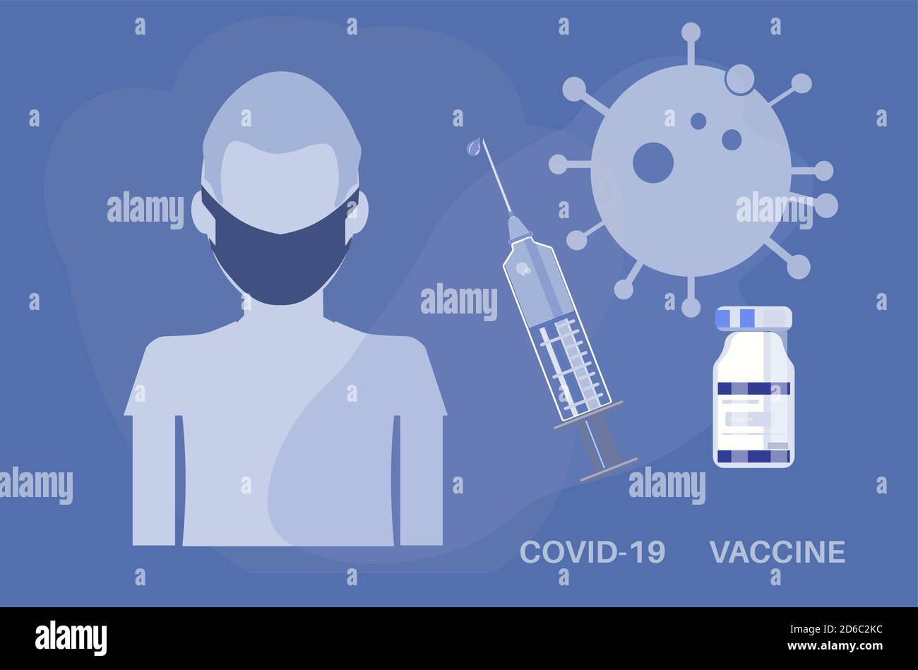 Vaccino Covid Concept Vector con siringa e flacone di vaccino attivo uno sfondo blu Illustrazione Vettoriale