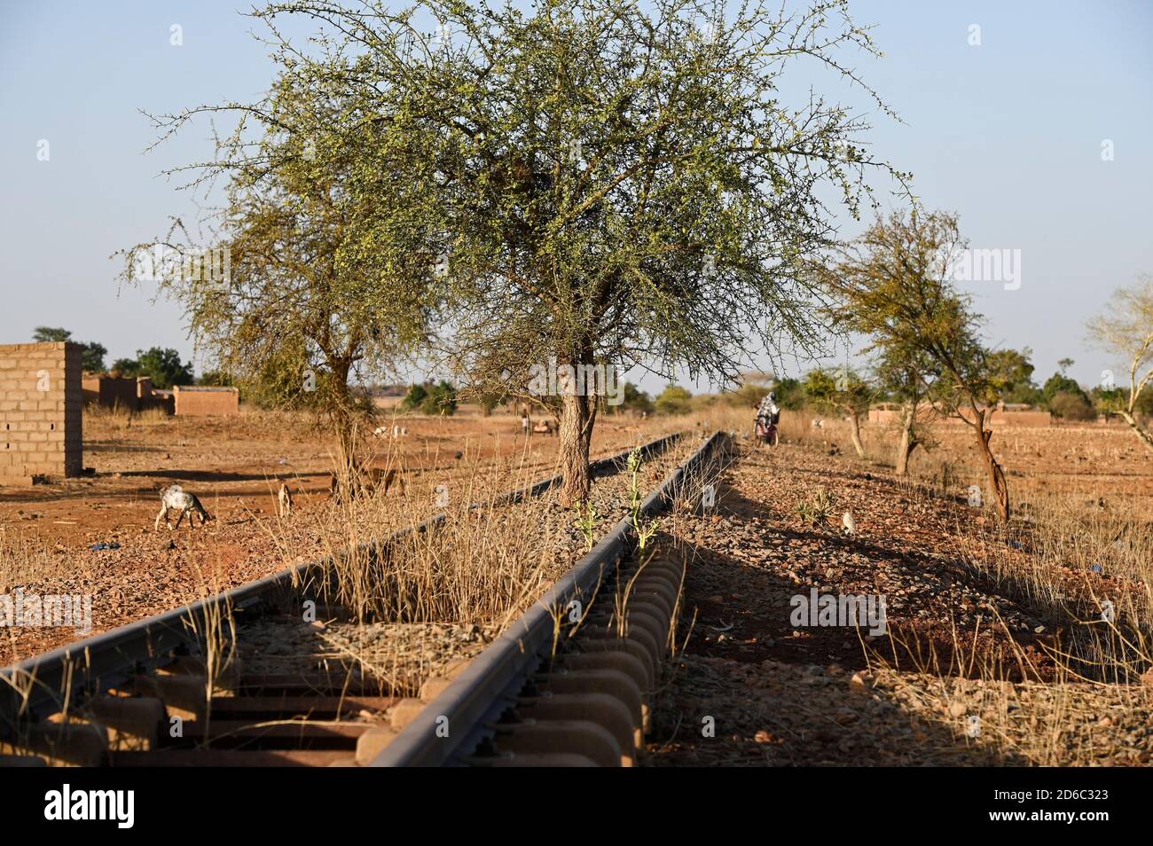 BURKINA FASO, Kaya, linea ferroviaria abbandonata per le miniere di minerale di manganese a Tambao, costruita durante il tempo di Thomas Sankara / BURKINA FASO, Kaya, von Sankara gebaute Eisenbahnlinie zu den Mangan Lagerstätten a Tambao, Eisenbahnstrecke schon seit Jahren ausser Betrieb, Symbol für verfehlunghelungsplukjewestrkjeweskjewelungspenshilungsplukjewicklung Foto Stock