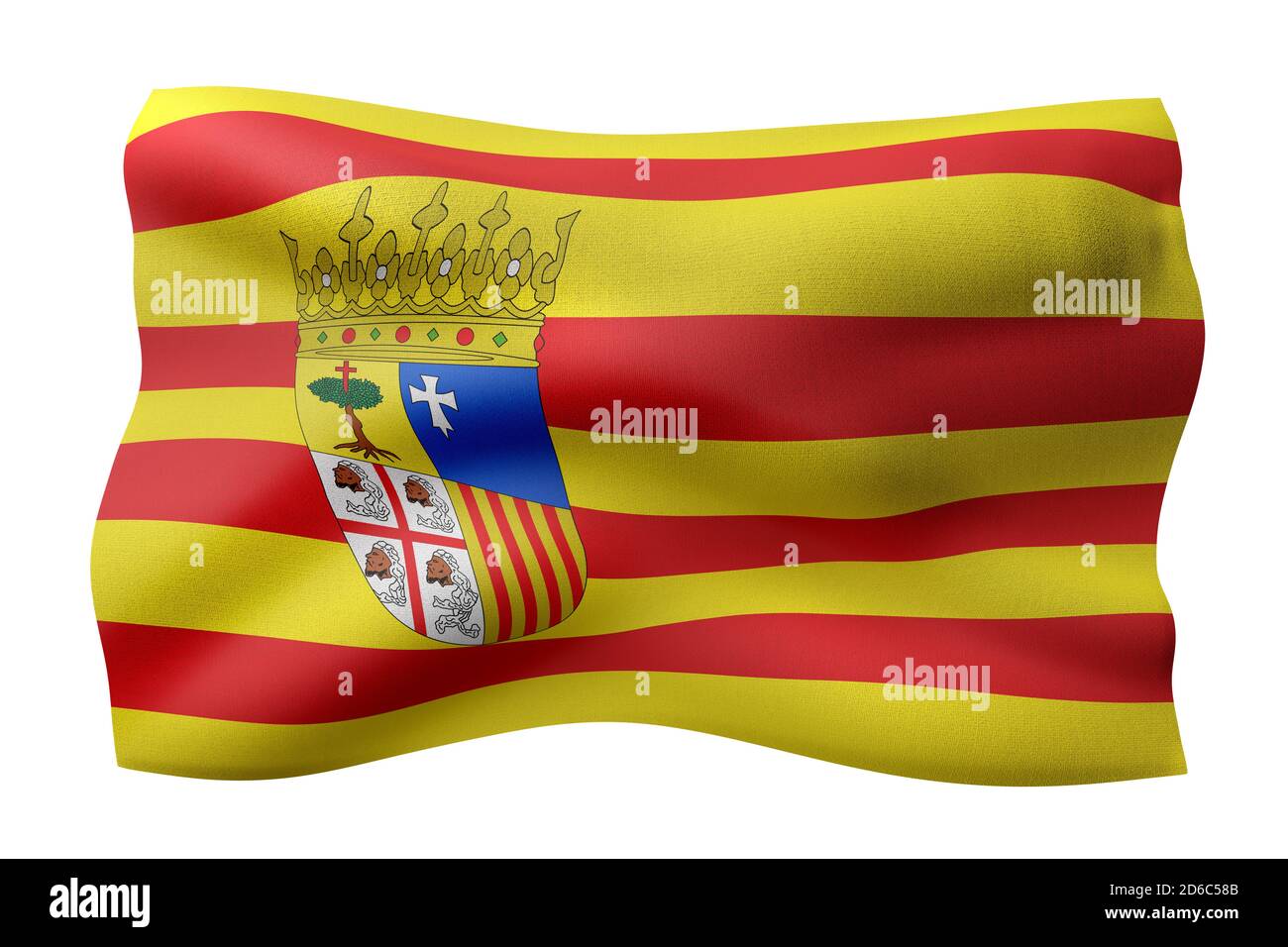 Rappresentazione 3d di una bandiera della Comunità spagnola dell'Aragona silata uno sfondo bianco Foto Stock