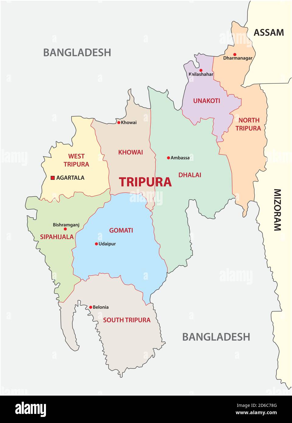 Mappa vettoriale amministrativa e politica di Tripura, india Illustrazione Vettoriale
