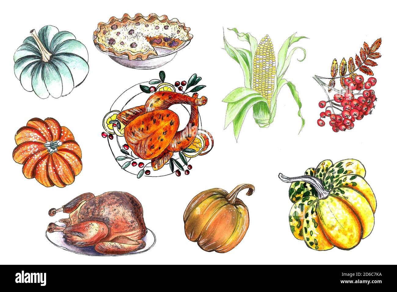 Set di clip-art disegnati a mano con colori acquerelli Grazie materiali autunnali. Zucca, tacchino fritto, raccolto. Piatti tradizionali e torta dolce. Mais e. Foto Stock